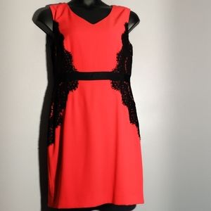 Tahari Red and Black Sheath Mini Dress V-Neck Cap Sleeve